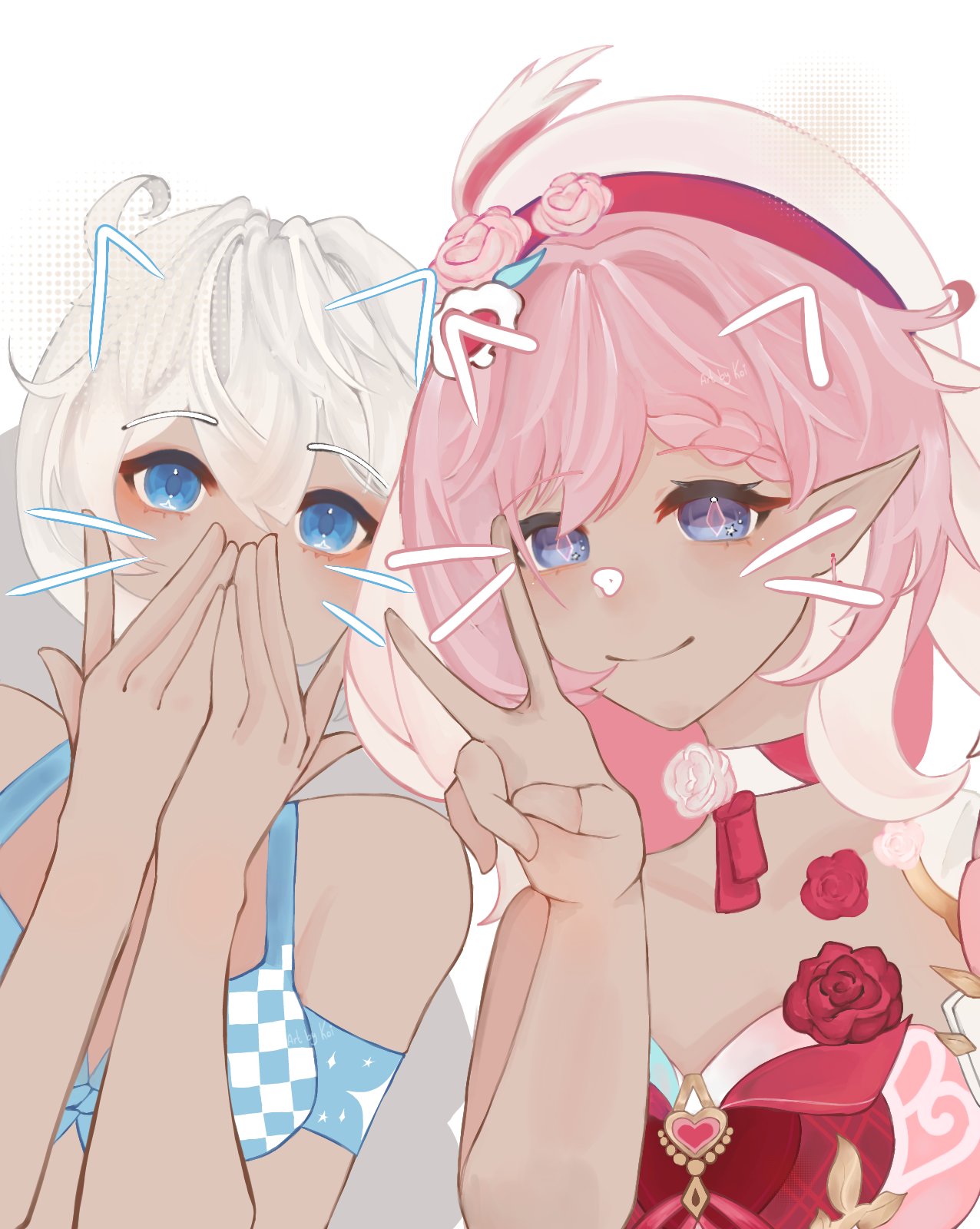nanakoio, elysia (hi love elf) (honkai impact), elysia (honkai impact), kiana kaslana, kiana kaslana (sunny beach), honkai (series), honkai impact 3rd, commentary, highres, symbol-only commentary, 2girls, bare shoulders, beret, bikini, blue bikini, breasts, drawn ears, drawn whiskers, dress, elf, face filter, hat, looking at viewer, medium breasts, multicolored hair, multiple girls, pink hair, pointy ears, purple eyes, red dress, simple background, smile, swimsuit, two-tone hair, upper body, v, white background, white hair