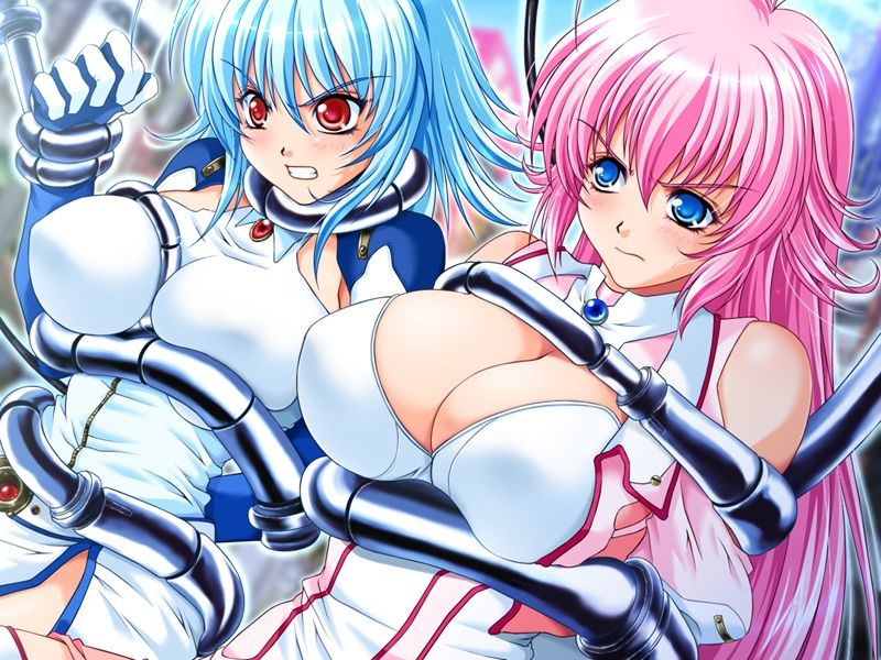 mochizuki nozomu, jiono elis, machise lucia, marble blue, marble pink, futari de marvel shichaimasu!, mbs truth, game cg, 2girls, angrybdsm, blue eyes, blue hair, blush, bondage, bound, bound arms, breasts, cleavage, gloves, huge breasts, large breasts, long hair, machine, multiple girls, pink hair, red eyes, tentacles, zipper