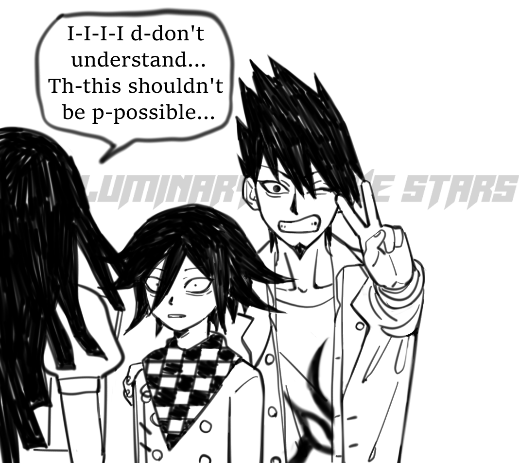 miri (bossu osu), momota kaito, oma kokichi, tsumiki mikan, danganronpa (series), danganronpa v3: killing harmony, commentary, english commentary, 1girl, 2boys, english text, greyscale, grin, implied male pregnancy, implied pregnancy, implied yaoi, monochrome, multiple boys, one eye closed, smile, surprised, v, wide-eyed