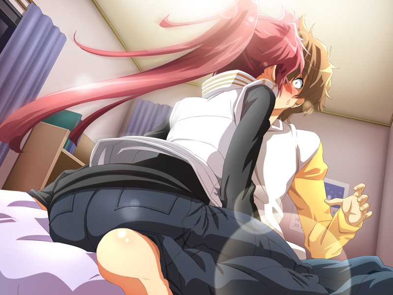 kawahara makoto, re:, game cg, source request, 1boy, 1girl, ass, barefoot, bed, blush, brown eyes, brown hair, denim, hetero, jeans, kiss, lens flare, long hair, pants, pink hair, surprised