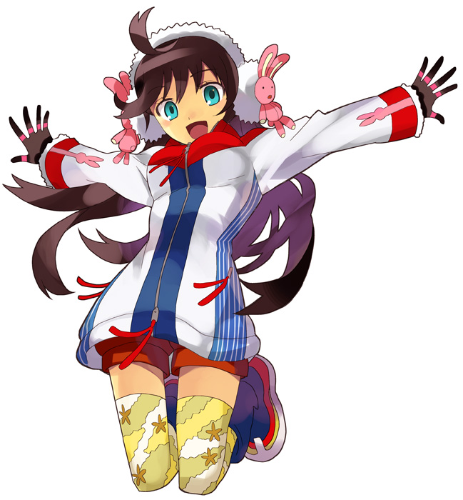2no, ninomoto, original, 1girl, ahoge, beret, female focus, gloves, green eyes, hat, jacket, long hair, long sleeves, looking at viewer, miniskirt, open hands, outstretched arms, rabbit, red skirt, skirt, solo, thighhighs, very long hair, yellow thighhighs, zettai ryouiki, zipper