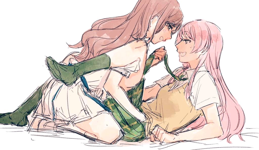 moyo (moyo 4), chihaya anon, nagasaki soyo, bang dream!, bang dream! it's mygo!!!!!, commentary request, 2girls, anger vein, between legs, brown hair, brown sweater vest, clothes grab, collared shirt, dress, green skirt, green socks, grey background, haneoka school uniform, kneeling, legs on another's shoulders, long hair, multiple girls, necktie, necktie grab, neckwear grab, open mouth, pink hair, plaid clothes, plaid skirt, pleated skirt, reclining, school uniform, shirt, short sleeves, simple background, skirt, socks, sweatdrop, sweater vest, tsukinomori school uniform, white dress, white shirt, yuri