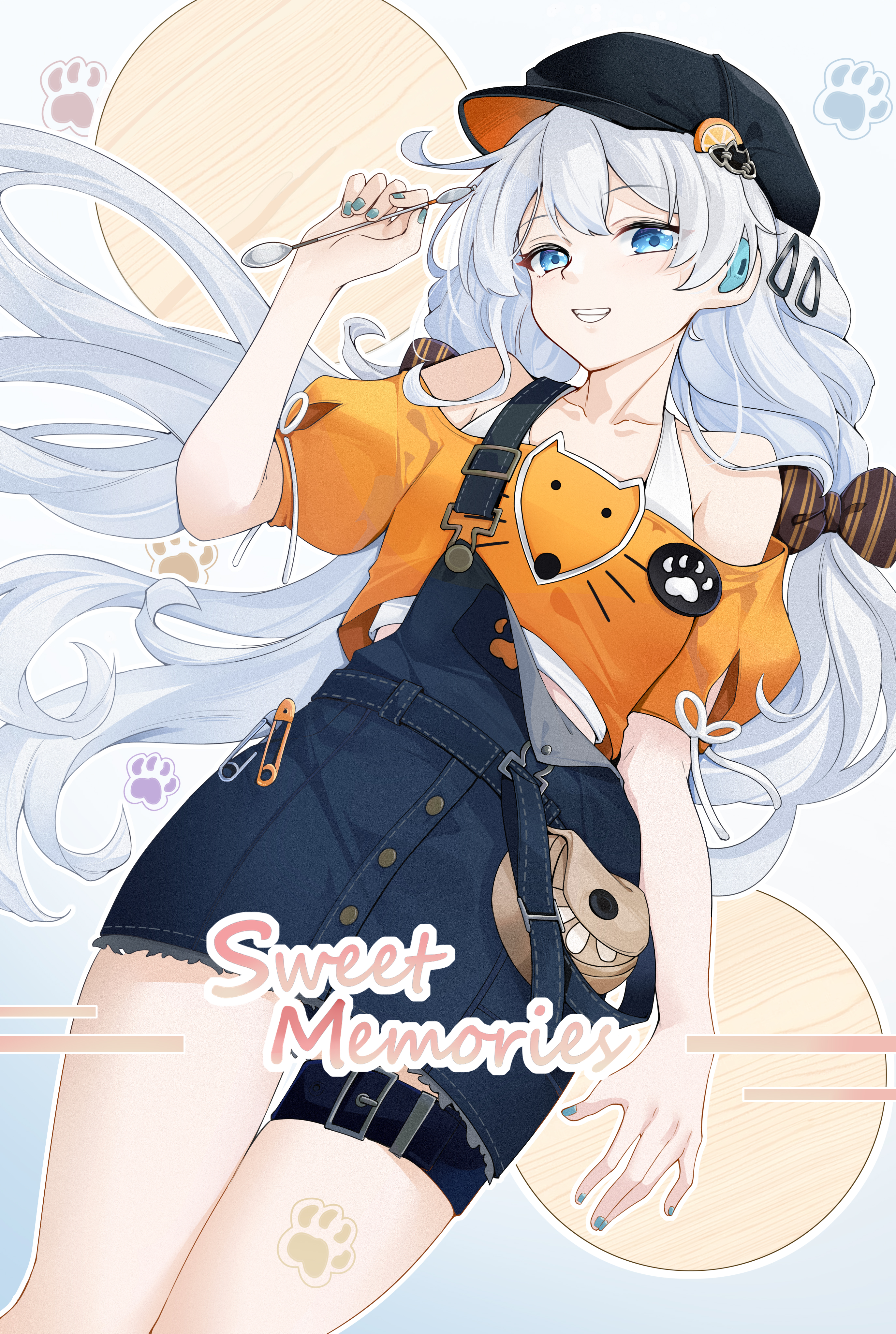 qingye ling, kiana kaslana, kiana kaslana (sweet memories), honkai (series), honkai impact 3rd, absurdres, chinese commentary, commentary request, highres, 1girl, bare shoulders, black hat, blue eyes, blue nails, blue overalls, breasts, hat, holding, holding spoon, looking at viewer, medium breasts, official alternate costume, orange tank top, overalls, paw print, paw print background, smile, solo, spoon, tank top, thighs