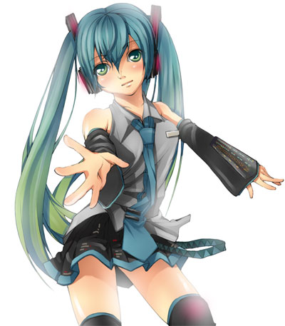 hatsune miku, vocaloid, lowres, aqua hair, detached sleeves, green eyes, long hair, necktie, skirt, solo, thighhighs, twintails, very long hair