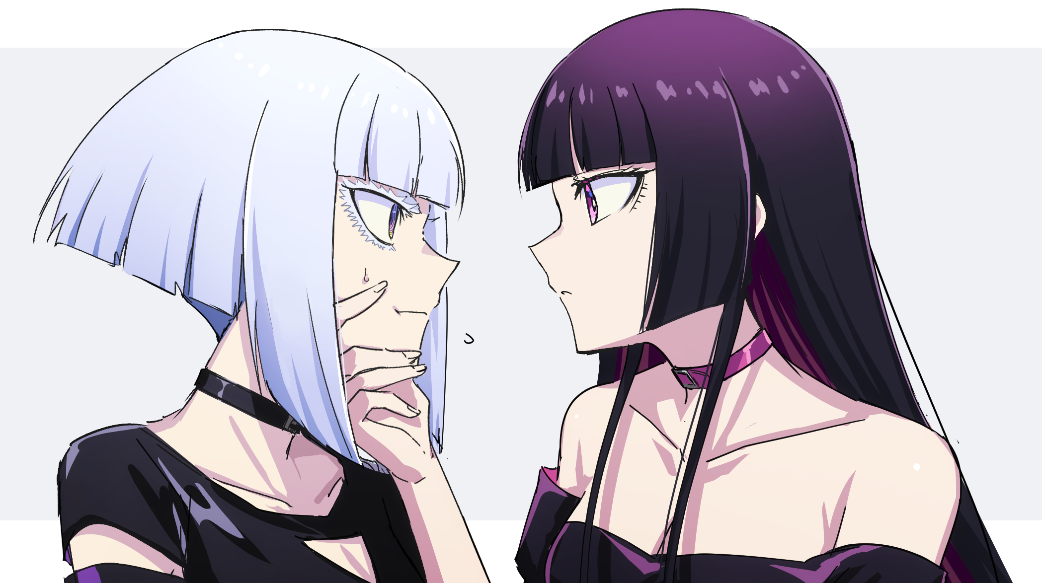 aoki shizumi, kurogane otoha, shiraya tamaki, rock wa lady no tashinami deshite, highres, 2girls, bare shoulders, black choker, black hair, black shirt, breasts, choker, cleavage, closed mouth, collarbone, grey background, long hair, medium breasts, multiple girls, purple choker, purple eyes, purple hair, shirt, short hair, short hair with long locks, thick eyelashes, white hair, yuri