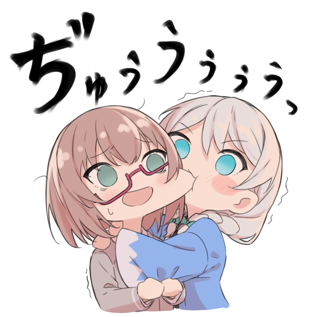 kanade (kanade 3344), wakamiya eve, yamato maya, bang dream!, commentary, highres, 2girls, biting, biting cheek, blue eyes, blue haori, blush, braid, chibi, chibi only, glasses, green eyes, grey hair, grey jacket, haneoka school uniform, haori, jacket, japanese clothes, long sleeves, multiple girls, open mouth, school uniform, semi-rimless eyewear, short hair, simple background, sweatdrop, twin braids, under-rim eyewear, white background