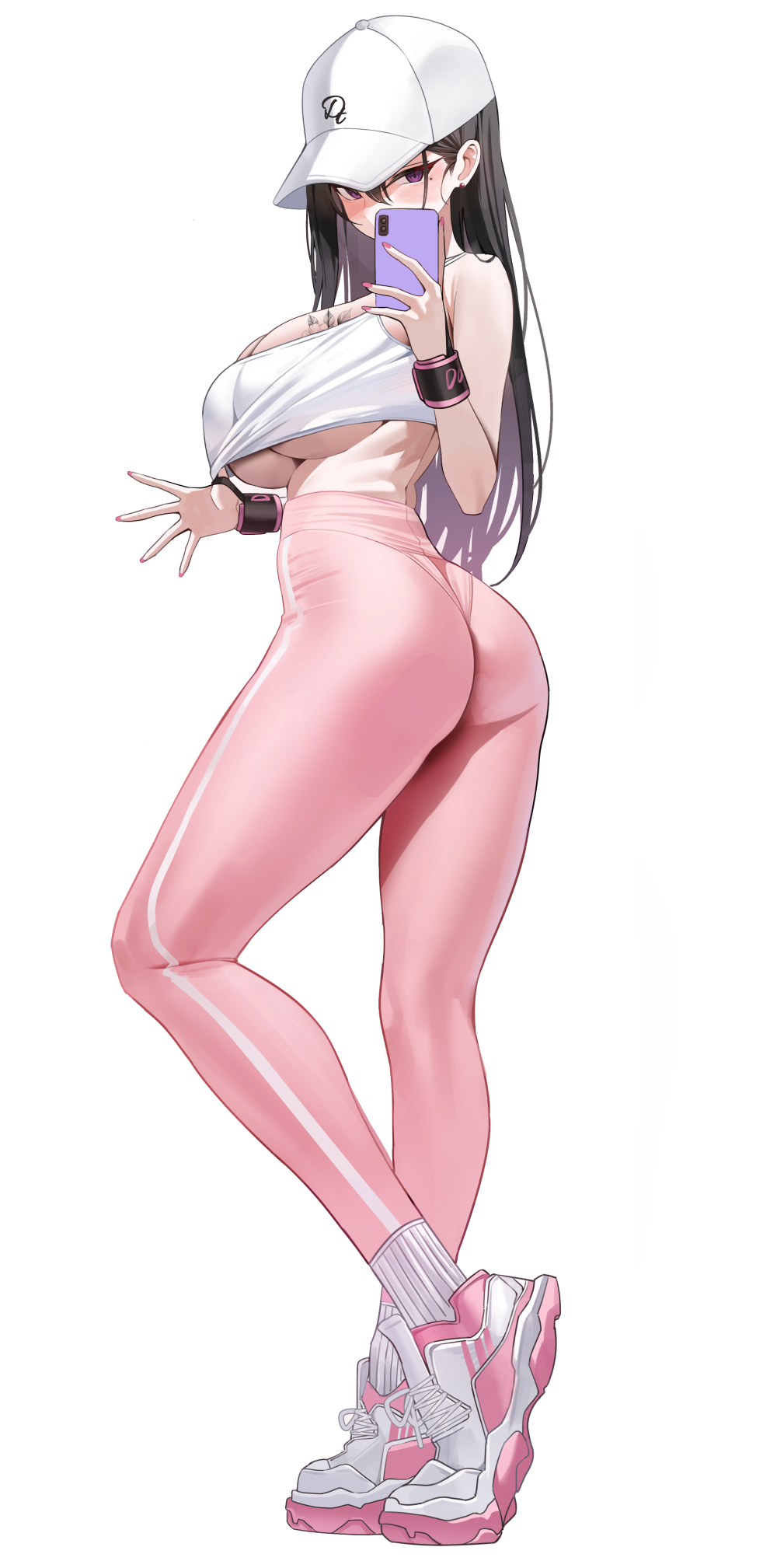 k pring, original, highres, 1girl, ass, bare shoulders, baseball cap, blush, breast tattoo, breasts, brown hair, cleavage, full body, hat, large breasts, long hair, looking at viewer, pants, purple eyes, shoes, sneakers, solo, tattoo, yoga pants