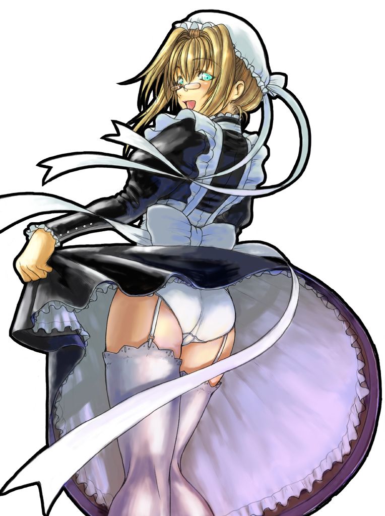 apron, blonde hair, blue eyes, bow, frills, garter straps, glasses, hat, maid, maid apron, open mouth, panties, ribbon, solo, thighhighs, underwear, upskirt, white panties, white thighhighs