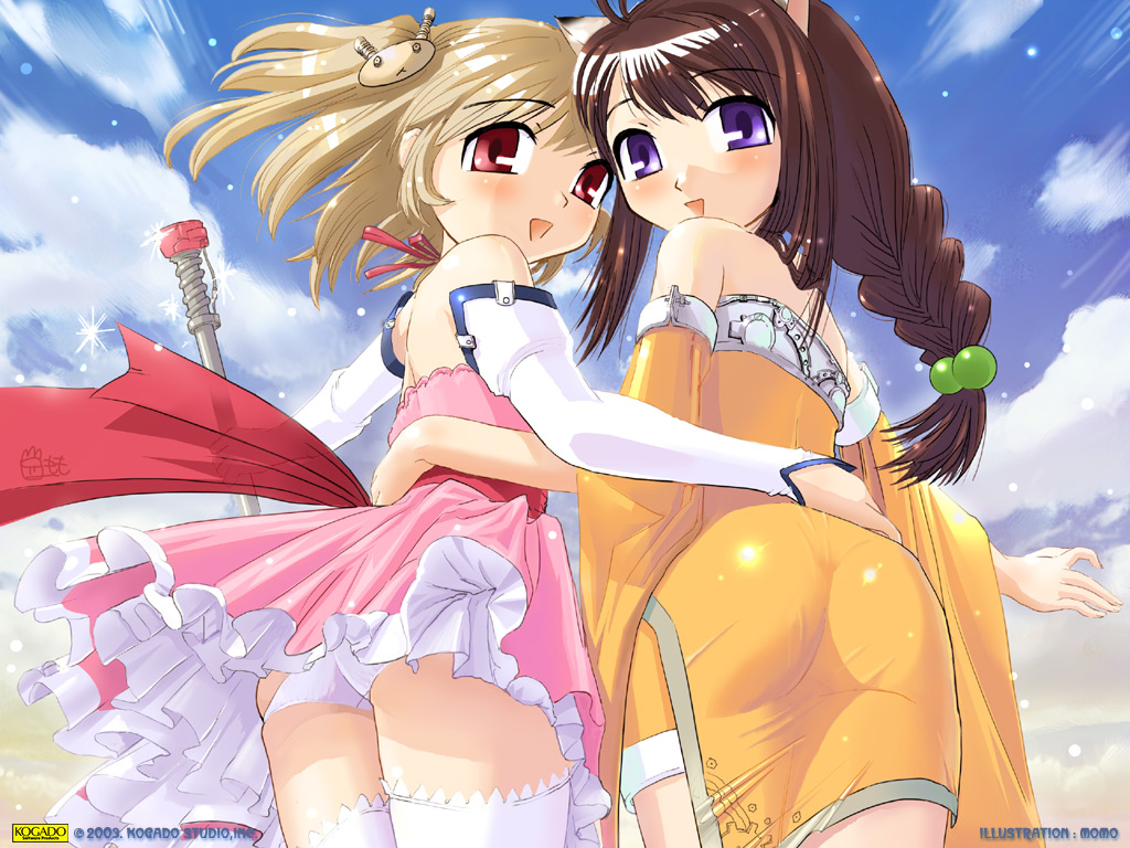 angel rabbie, lasty farson, lovely saaria, saaria wynes, magical twirler angel rabbie, 2girls, animal ears, ass, blonde hair, braid, brown hair, cat ears, detached sleeves, elbow gloves, gloves, hair ornament, magical girl, multiple girls, panties, red eyes, staff, thighhighs, underwear, upskirt