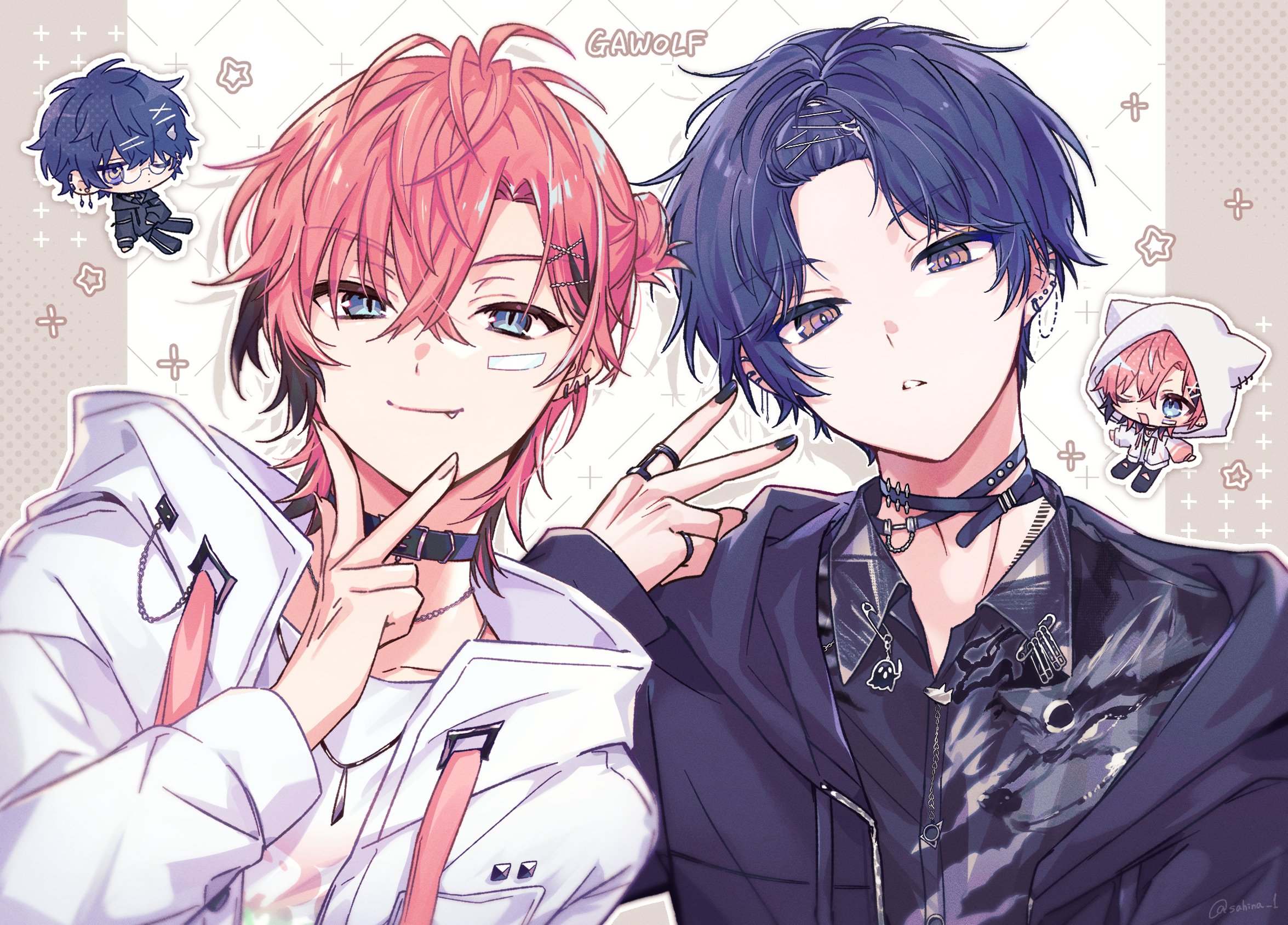 akagi wen, koyanagi rou, nijisanji, highres, 2boys, bangs pinned back, black choker, black jacket, blue eyes, blue hair, chibi, chibi inset, choker, collared shirt, earrings, fang, jacket, jewelry, looking at viewer, male focus, multiple boys, nail polish, open clothes, open jacket, pink hair, print shirt, sahina (sahina 1), shirt, short hair, slit pupils, smile, upper body, v, virtual youtuber, white jacket