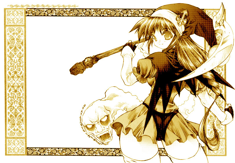 1girl, female focus, ghost, hat, long hair, monochrome, panties, panties on outside, panties over clothes, scythe, solo, thighhighs, underwear, weapon, yellow theme
