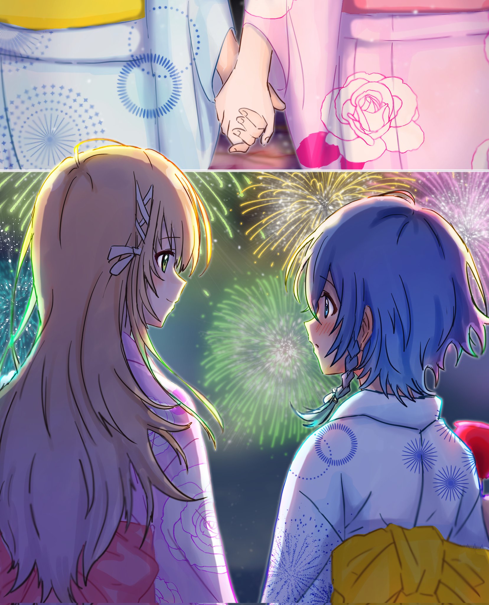 misakino kukuru, miyazawa fuuka, shiroi suna no aquatope, commentary request, corrupted twitter file, highres, 2girls, aerial fireworks, back bow, blue eyes, blue hair, blue kimono, blush, bow, brown hair, closed mouth, fireworks, green eyes, holding hands, japanese clothes, kimono, long hair, medium hair, multiple girls, night, obi, outdoors, pink kimono, sash, smile, upalupatarara, yuri