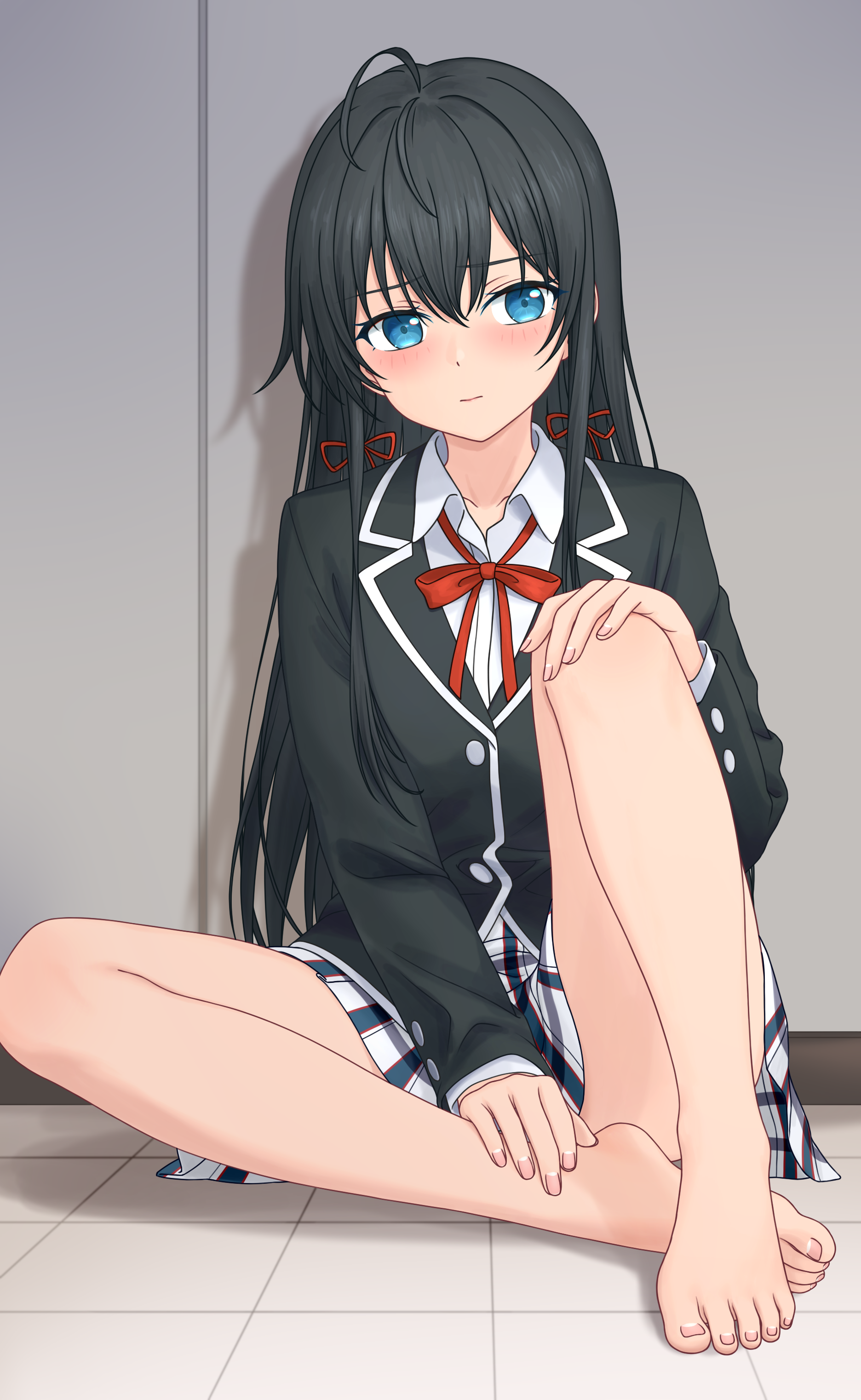 feichu keju, yukinoshita yukino, yahari ore no seishun lovecome wa machigatteiru., absurdres, highres, 1girl, ahoge, barefoot, black hair, black jacket, blazer, blue eyes, closed mouth, collared shirt, hair ribbon, hand on own ankle, hand on own knee, jacket, light blush, long hair, long sleeves, neck ribbon, plaid clothes, plaid skirt, red ribbon, ribbon, school uniform, shirt, sitting, skirt, sobu high school uniform, solo, straight hair, toes, white shirt