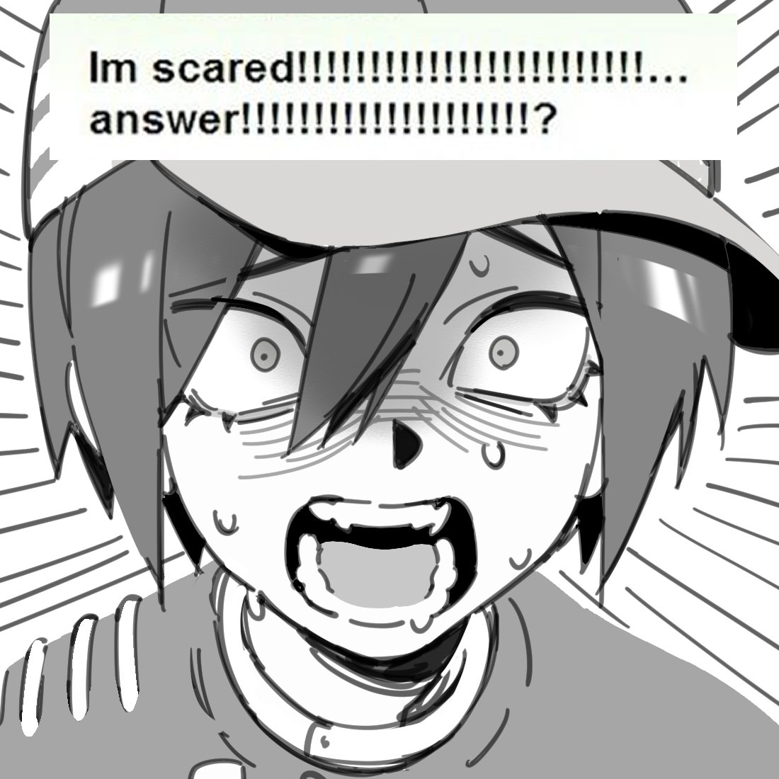 miri (bossu osu), saihara shuichi, danganronpa (series), danganronpa v3: killing harmony, yahoo!, !, !!, !?, eyelashes, hat, open mouth, shouting, solo, sweat, teeth, upper body, yahoo answers