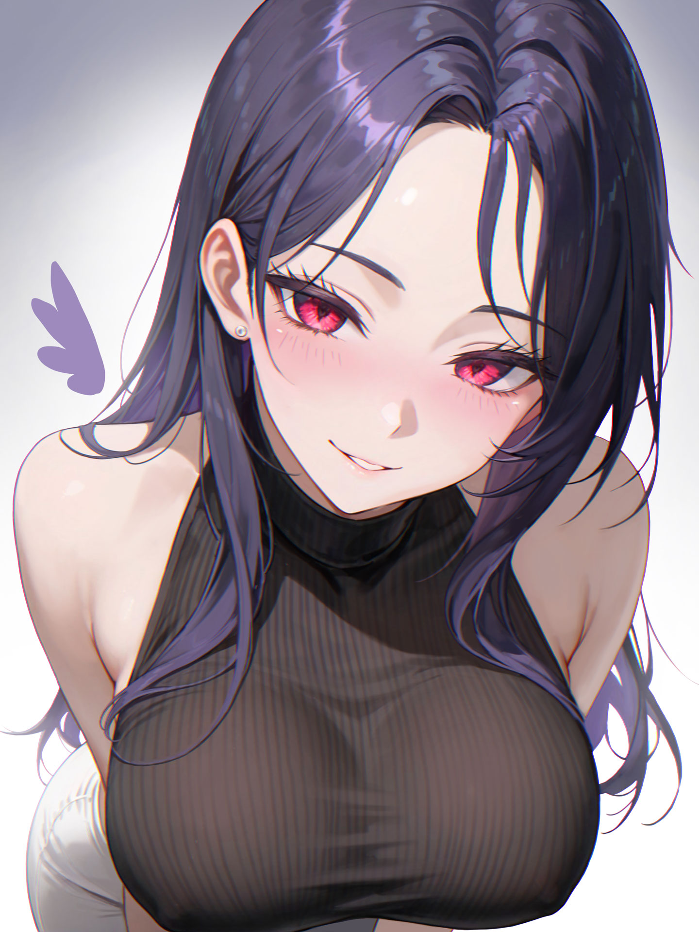 dramz, isabel (nikke), goddess of victory: nikke, commentary request, highres, 1girl, alternate costume, bare shoulders, black shirt, blush, breasts, cowboy shot, earrings, hair between eyes, jewelry, large breasts, leaning forward, long hair, looking at viewer, parted bangs, parted lips, purple hair, red eyes, ribbed shirt, shirt, sidelocks, skirt, sleeveless, sleeveless shirt, smile, solo, standing, white skirt