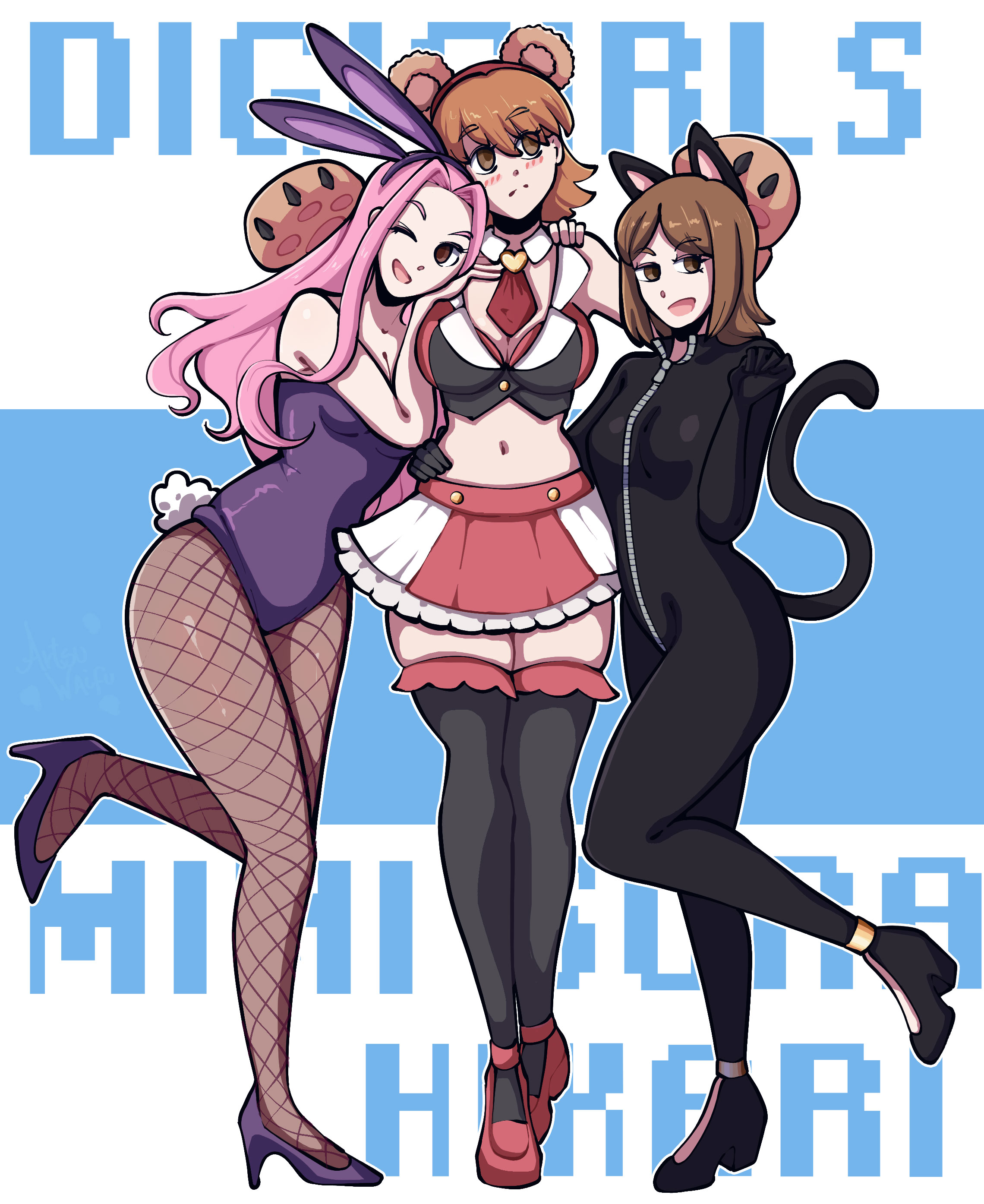 tachikawa mimi, takenouchi sora, yagami hikari, digimon, digimon adventure, digimon adventure -beyond-, 3girls, animal ears, bear ears, brown eyes, brown hair, cat ears, cat tail, high heels, multiple girls, pink hair, playboy bunny, rabbit ears, rabbit tail, tail