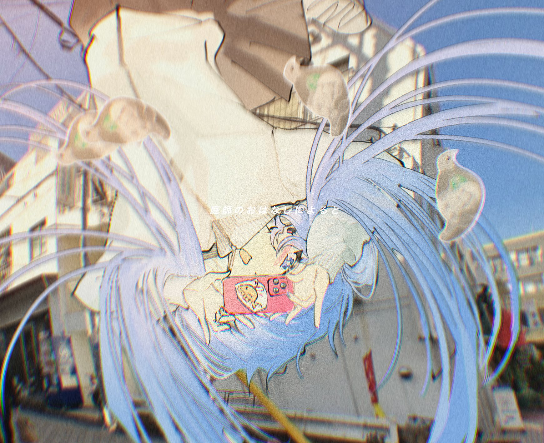 monja tabetai, hatsune miku, vocaloid, commentary request, highres, 1girl, alternate costume, bird, black skirt, blue eyes, blue hair, blue nails, blue sky, blurry, blurry edges, blush, building, cellphone, city, floating hair, holding, holding phone, jacket, long hair, long sleeves, looking at viewer, niwashi no ohanashi ni yoru to (vocaloid), one eye covered, open mouth, outdoors, phone, photo background, skirt, sky, smartphone, smile, solo, star-shaped pupils, star (symbol), symbol-shaped pupils, taking picture, track jacket, twintails, upper body, upside-down, white jacket