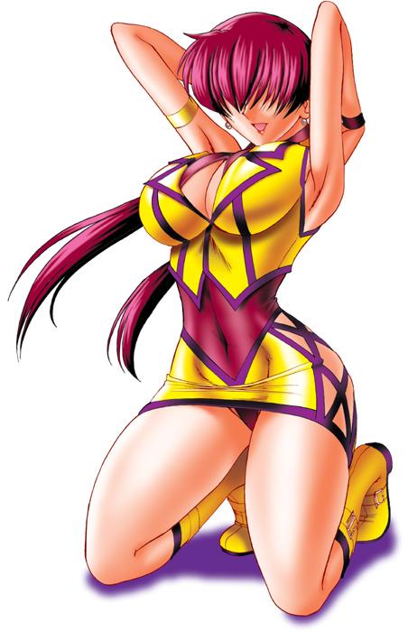 mokkouyou bond, shermie (kof), snk, the king of fighters, jpeg artifacts, 1girl, :d, alternate color, armband, armpits, arms behind head, boots, breasts, cleavage, crop top, earrings, female focus, hair over eyes, jewelry, kneeling, large breasts, leotard, lipstick, long hair, makeup, miniskirt, open mouth, panties, pantyshot, purple hair, shadow, simple background, skin tight, skirt, smile, solo, thighs, twintails, underwear, wristband