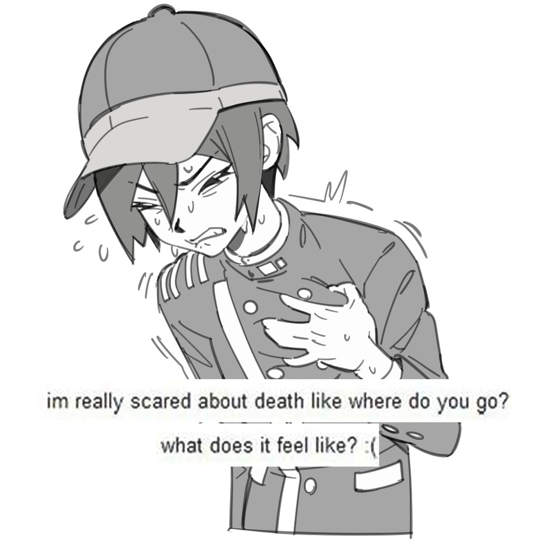 miri (bossu osu), saihara shuichi, danganronpa (series), danganronpa v3: killing harmony, yahoo!, 1boy, ?, closed eyes, frown, greyscale, hat, male focus, meme, monochrome, solo, sweat, upper body, white background, yahoo answers