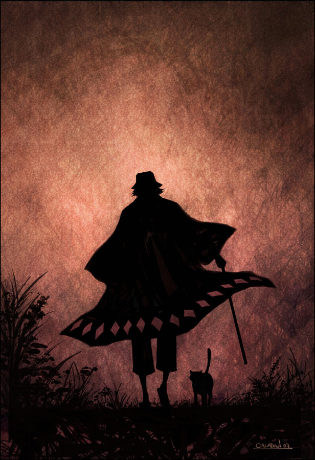 caladan, shihouin yoruichi, shihouin yoruichi (cat), urahara kisuke, bleach, 00s, 1boy, bucket hat, cat, hat, male focus, sepia, silhouette