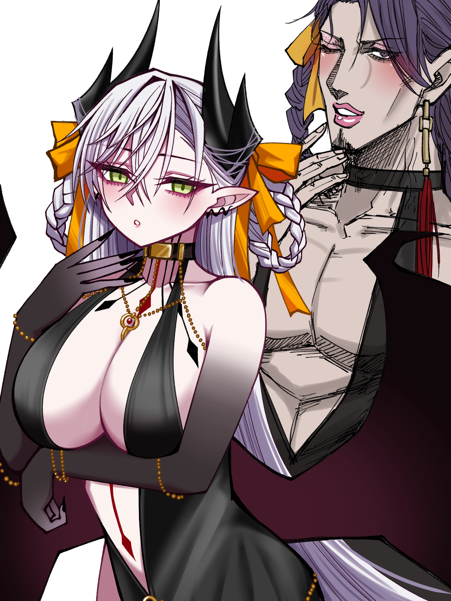 mcpc zamurai, bb (fate), bb dubai (fate), duryodhana (fate), lilith (fate), fate/grand order, fate (series), highres, 1boy, 1girl, bat wings, bb dubai (fate) (cosplay), black dress, blush, bracelet, breasts, chest tattoo, cosplay, crossdressing, crossdressing (mtf), demon horns, dress, earrings, green eyes, horns, jewelry, large breasts, lipstick, long hair, looking at viewer, makeup, neck tattoo, necklace, one eye closed, pointy ears, purple hair, tattoo, white hair, wings