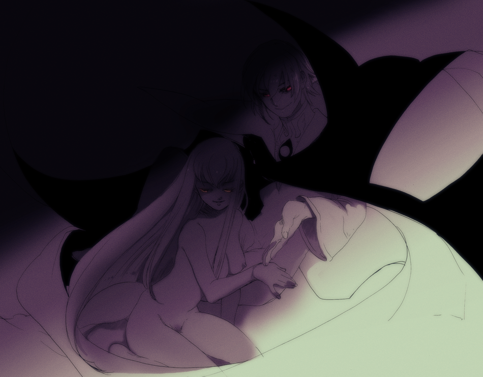 kanke (yonkuma), c.c., lelouch vi britannia, code geass, 00s, 1boy, 1girl, breasts, clothed male nude female, completely nude, couple, hetero, medium breasts, monochrome, nipples, nude, pubic hair, red eyes, spot color