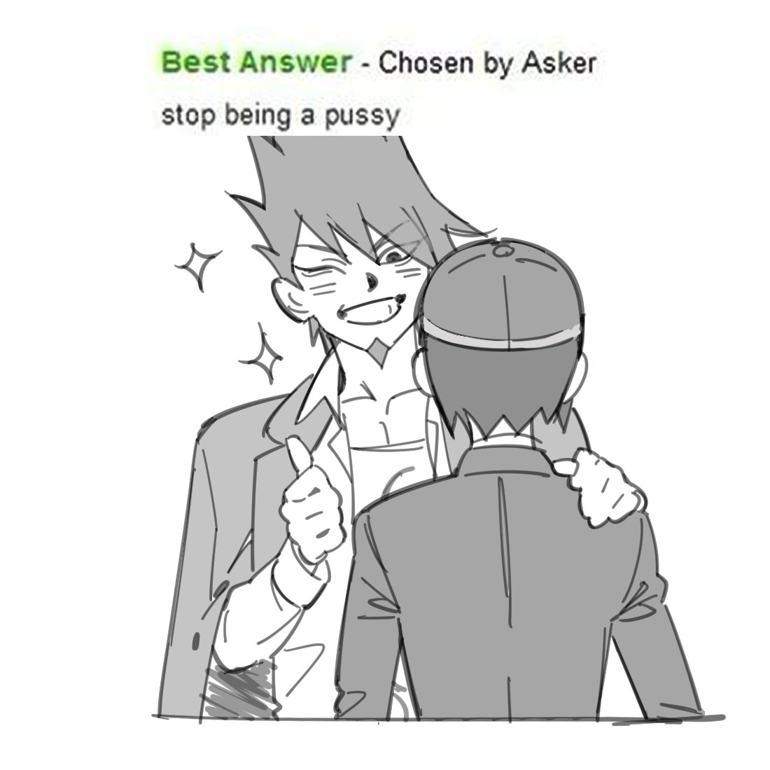 miri (bossu osu), momota kaito, saihara shuichi, danganronpa (series), danganronpa v3: killing harmony, yahoo!, 2boys, blush, grin, hat, jacket, male focus, meme, multiple boys, one eye closed, shirt, smile, sparkle, thumbs up, white background, yahoo answers