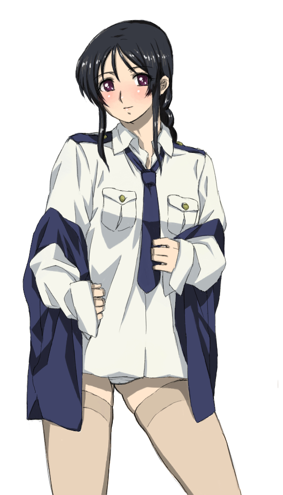 hisakawa riho, hishagawariho, kobayakawa miyuki, taiho shichauzo, bad id, bad pixiv id, 1girl, black hair, female focus, japan national police, panties, police, police uniform, policewoman, solo, thighhighs, underwear, undressing