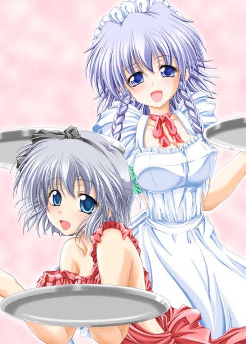 fujitsu akira, izayoi sakuya, konpaku youmu, touhou, 2girls, apron, female focus, multiple girls, naked apron