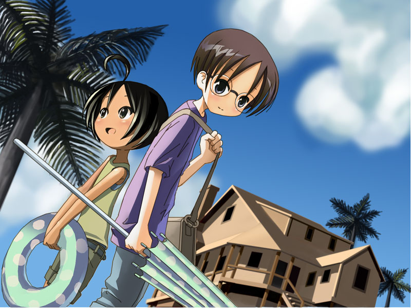 sixten, self-upload, 1boy, 1girl, ahoge, bag, bare shoulders, belt, black eyes, black hair, child, cloud, day, dutch angle, from below, glasses, house, innertube, palm tree, short hair, shorts, sky, swim ring, tank top, tree, umbrella