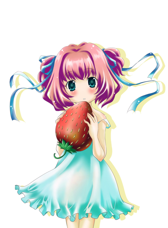 shirokuma, shirokuma (hello), original, 1girl, blue eyes, blush, chemise, female focus, food, fruit, hair ribbon, red hair, ribbon, solo, strap slip, strawberry