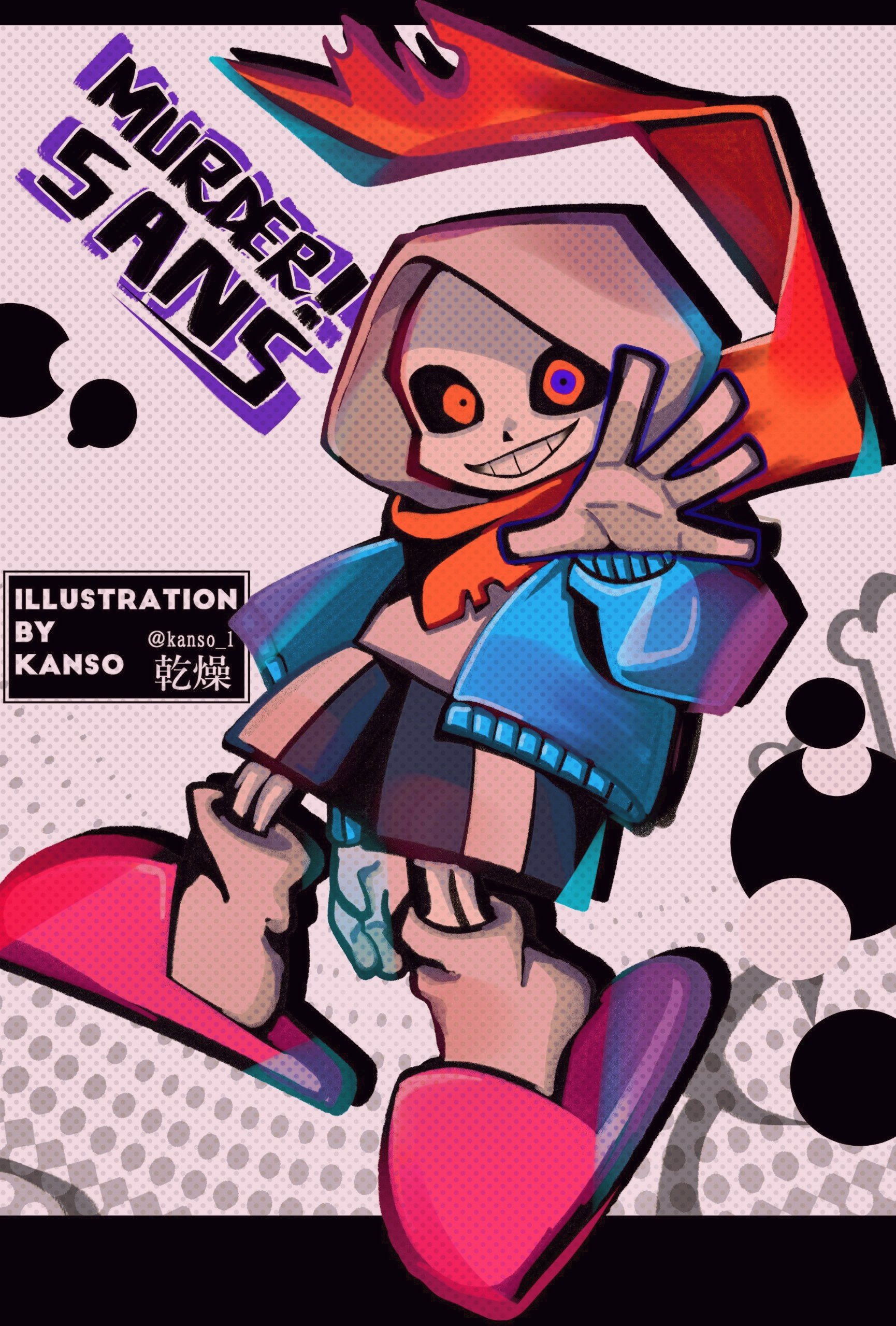 kansou (kanso 1), sans (undertale), dusttale, undertale, utdr (toby fox), absurdres, bad id, bad pixiv id, highres, inactive account, 1boy, :d, alternate universe, ankle socks, black jacket, black shorts, blue jacket, bone, character name, circle, drop shadow, full body, grey background, grin, halftone, halftone background, hand up, jacket, letterboxed, long sleeves, male focus, multicolored eyes, open mouth, outside border, pink slippers, puffy long sleeves, puffy sleeves, purple eyes, reaching, reaching towards viewer, red eyes, red scarf, scarf, shirt, shorts, simple background, slippers, smile, socks, solo, twitter username, two-tone eyes, watermark, white shirt, white socks