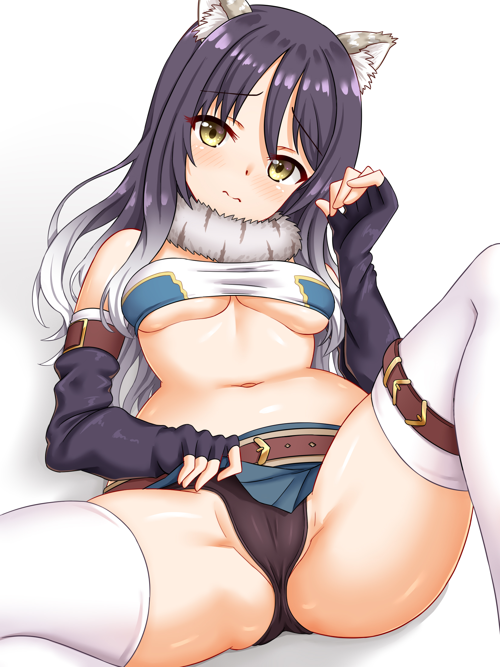 tamba i, shiori (princess connect!), princess connect!, highres, 1girl, animal ear fluff, animal ears, bandeau, belt, black hair, black panties, breasts, brown belt, elbow gloves, fingerless gloves, fur collar, gloves, gradient hair, green skirt, long hair, looking at viewer, lying, miniskirt, multicolored hair, navel, on back, panties, pleated skirt, simple background, skirt, solo, spread legs, thigh belt, thigh strap, thighhighs, tiger ears, tiger girl, underboob, underwear, white background, white thighhighs, yellow eyes