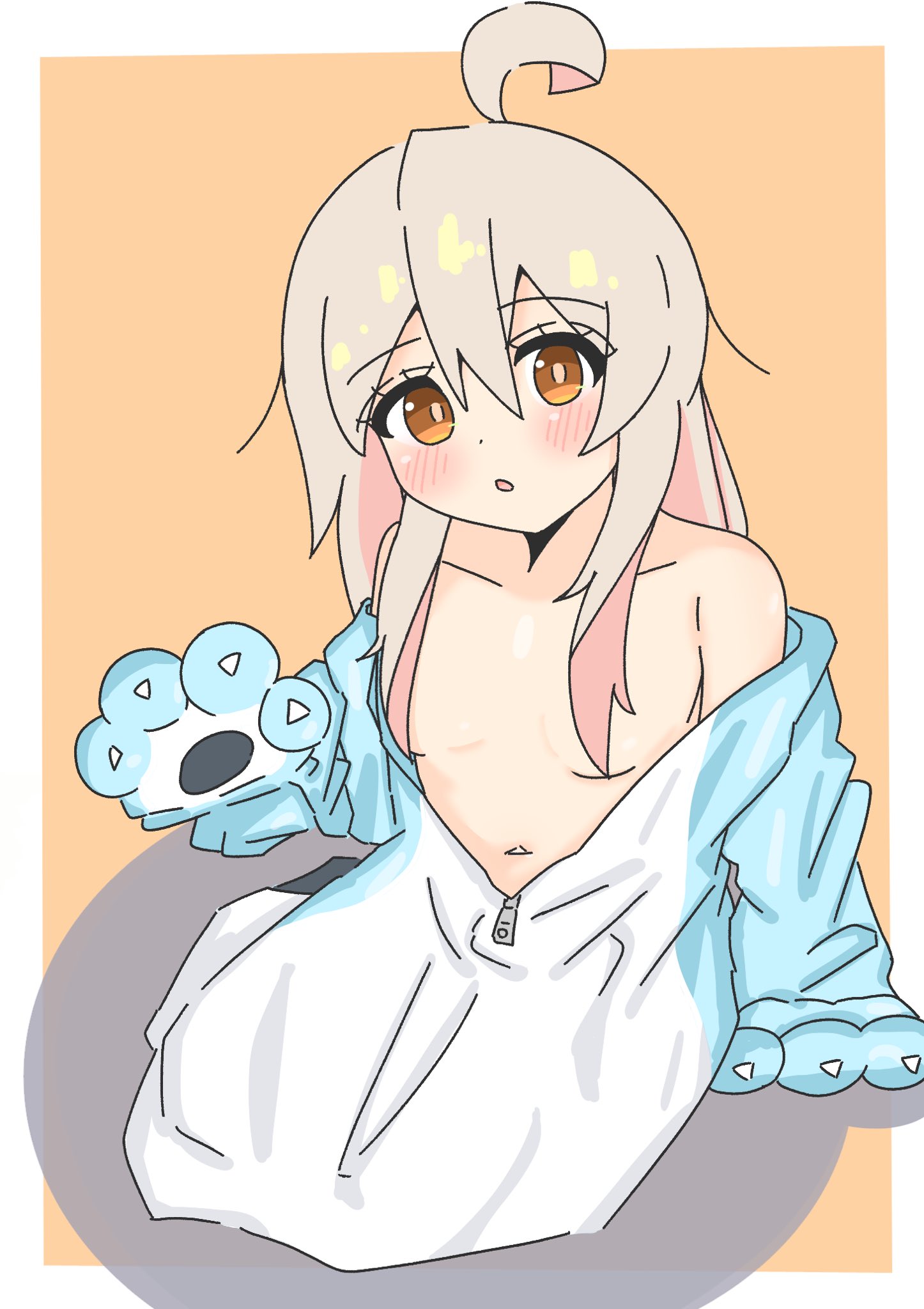 roa kyabetu, oyama mahiro, onii-chan wa oshimai!, highres, 1girl, ahoge, animal hands, bare shoulders, blush, bodysuit, breasts, cat paws, collarbone, hair between eyes, hair over breasts, long hair, looking at viewer, navel, no bra, off shoulder, open bodysuit, open clothes, open mouth, open zipper, simple background, sitting, sleeves past fingers, sleeves past wrists, small breasts, solo, stomach, zipper