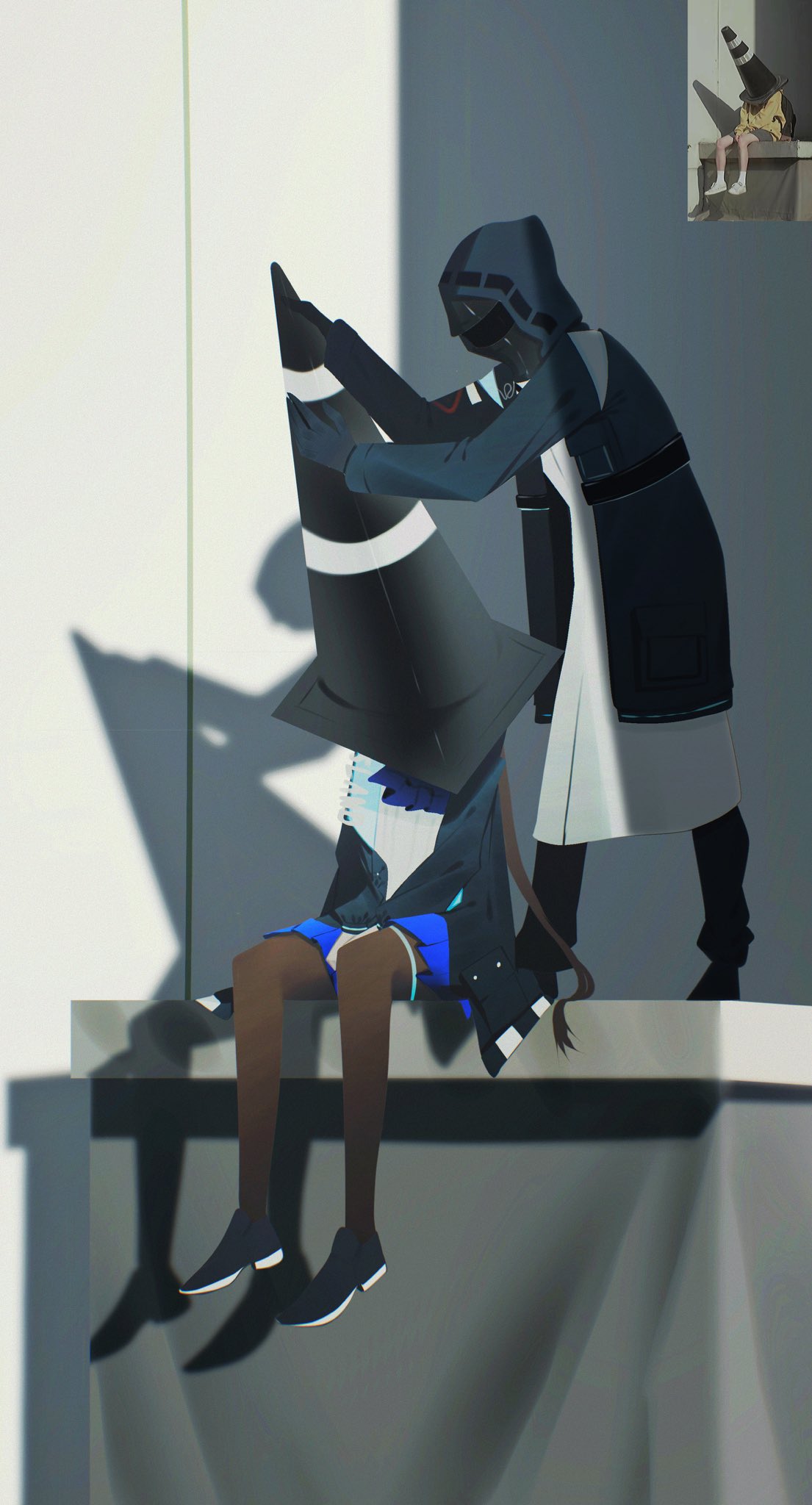 aspheim, amiya (arknights), doctor (arknights), arknights, dangling, commentary, english commentary, highres, 1girl, 1other, ascot, black jacket, black pantyhose, black shoes, blue ascot, blue skirt, brown hair, coat, day, full body, hands on own leg, holding, hood, hood up, hooded jacket, jacket, long hair, long sleeves, open clothes, open jacket, outdoors, pantyhose, pleated skirt, rabbit girl, reference inset, shadow, shirt, shoes, sitting, skirt, standing, traffic cone, traffic cone on head, white coat, white shirt