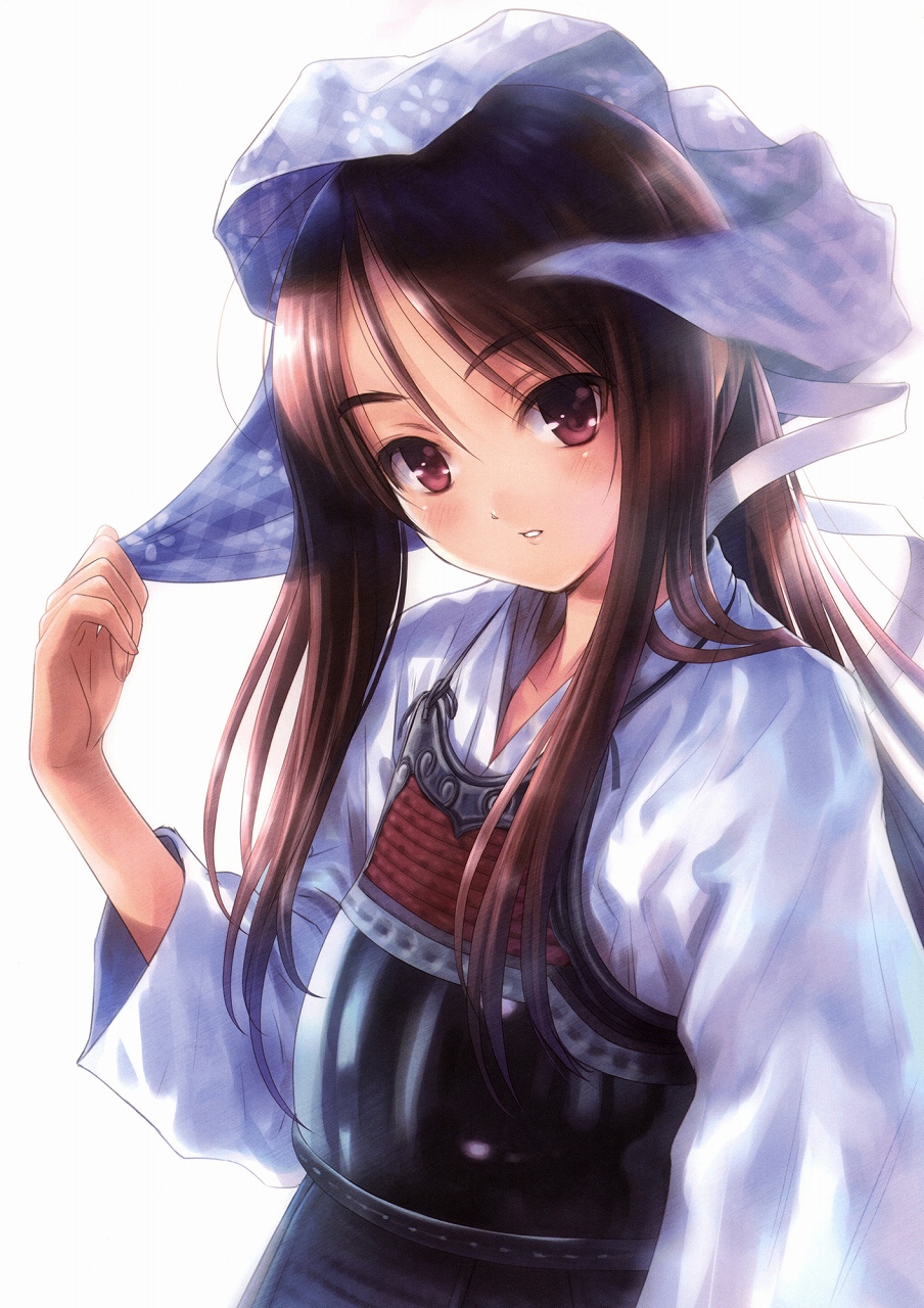goto p, original, highres, resized, 1girl, armor, brown eyes, brown hair, female focus, head tilt, kendo, long hair, looking at viewer, red eyes, simple background, solo, tenugui, upper body, white background