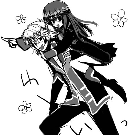 yui (pixiv76319), yui tooru, setsuko ohara, toby watson, banpresto, super robot wars, super robot wars z, super robot wars z1, bad id, bad pixiv id, lowres, 1boy, 1girl, :d, blush, carrying, couple, dress, flower, greyscale, long sleeves, monochrome, open mouth, outstretched arm, piggyback, pointing, simple background, smile, white background