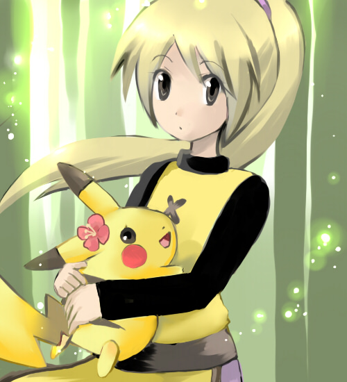 tenko (paradise), chuchu (pokemon), pikachu, yellow (pokemon), nintendo, pokemon, pokemon adventures, pokemon rgby, bad id, bad pixiv id, 1990s (style), 1girl, female focus, flower, gen 1 pokemon, gradient background, hair flower, hair ornament, pokemon (creature), retro artstyle