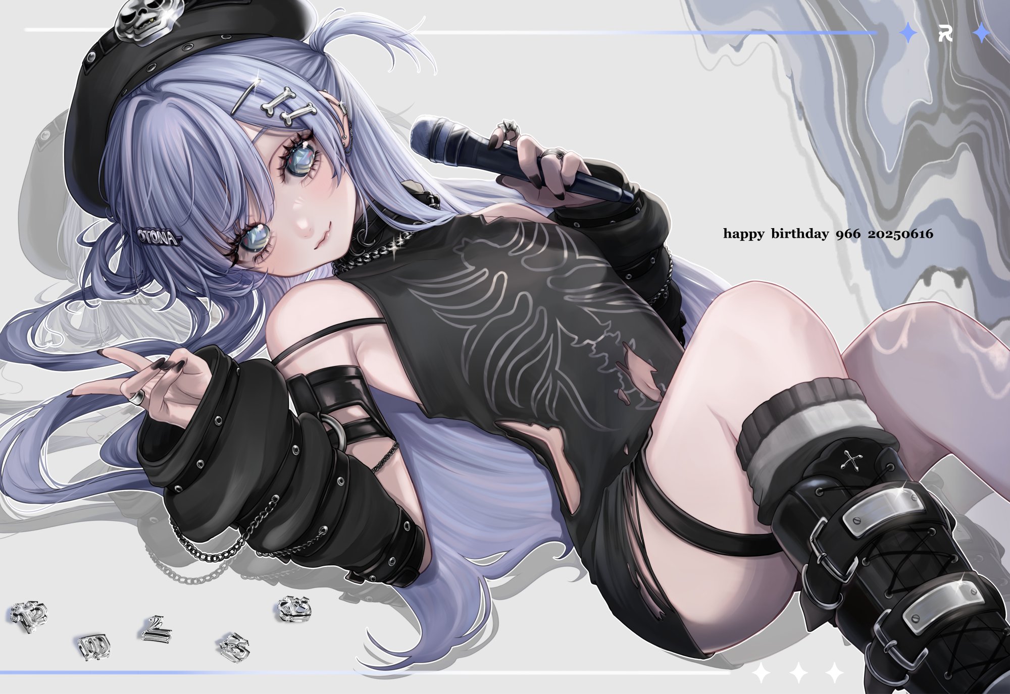 rereet t, yano kuromu, vspo!, highres, 1girl, aegyo sal, arm warmers, beret, black arm warmers, black boots, black hat, black nails, black shirt, blue eyes, blue hair, bone hair ornament, boots, dated, hair ornament, hairclip, happy birthday, hat, holding, holding microphone, knee boots, long hair, looking at viewer, lying, microphone, nail polish, on back, shirt, sleeveless, sleeveless shirt, smile, solo, thigh strap, torn clothes, torn shirt, two side up, v, virtual youtuber