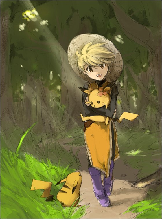 zaki mitsunori, chuchu (pokemon), pikachu, yellow (pokemon), nintendo, pokemon, pokemon adventures, pokemon rgby, 1990s (style), 1girl, androgynous, blonde hair, female focus, forest, gen 1 pokemon, hat, nature, outdoors, plant, pokemon (creature), ponytail, retro artstyle, reverse trap, short hair, sketch, straw hat, tabard