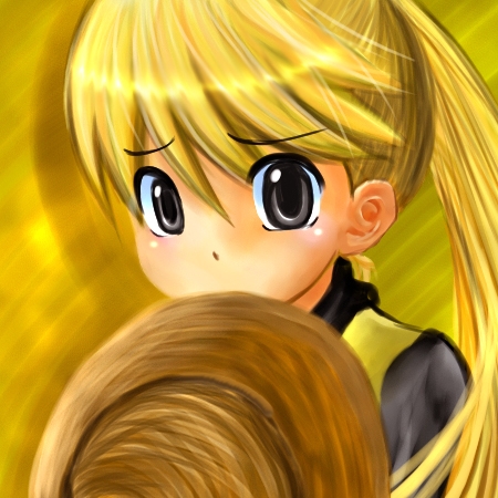 ha (kurisu08), ha (pixiv58444), yellow (pokemon), nintendo, pokemon, pokemon adventures, pokemon rgby, bad id, bad pixiv id, lowres, 1990s (style), 1girl, female focus, hat, name connection, object namesake, ponytail, portrait, retro artstyle, solo, speed painting, tabard, unworn hat, unworn headwear, yellow background, yellow theme