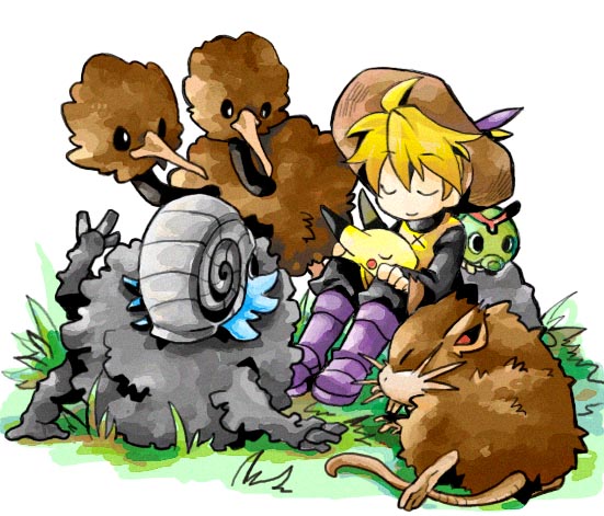 izumi asuka, caterpie, doduo, graveler, omanyte, pikachu, raticate, yellow (pokemon), nintendo, pokemon, pokemon adventures, pokemon rgby, purple footwear, bad id, 1990s (style), 1girl, androgynous, blonde hair, boots, closed eyes, gen 1 pokemon, grass, hat, holding, outdoors, pokemon (creature), ponytail, retro artstyle, rock, shell, short hair, simple background, sitting, tabard, white background