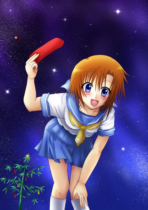 shundou ryuuto, ryuuguu rena, higurashi no naku koro ni, 00s, blue eyes, kneehighs, leaning forward, orange hair, school uniform, serafuku, smile, socks, solo, tanabata, tanzaku