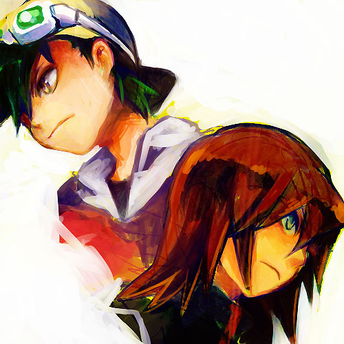 ethan (pokemon), silver (pokemon), nintendo, pokemon, pokemon adventures, lowres, 2boys, baseball cap, black hair, brown hair, goggles, goggles on head, green eyes, hat, male focus, multiple boys, red hair, simple background, upper body, white background
