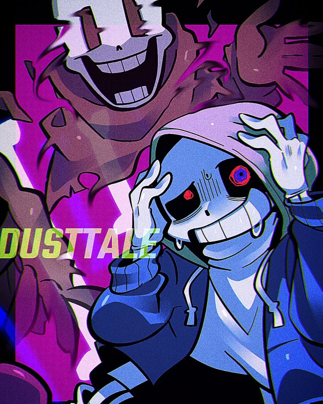 kansou (kanso 1), papyrus (undertale), sans (undertale), dusttale, undertale, utdr (toby fox), bad id, bad pixiv id, highres, inactive account, 2boys, :d, ||/, alternate universe, arms up, black border, black mouth, black shorts, blue jacket, bone, border, brothers, chromatic aberration, copyright name, cowboy shot, drawstring, fewer digits, film grain, gloves, grey hood, grin, hands on own head, hood, hood up, hooded jacket, jacket, long sleeves, male focus, multicolored eyes, multiple boys, open clothes, open jacket, open mouth, outside border, pink background, puffy long sleeves, puffy sleeves, purple eyes, rayman limbs, red eyes, red gloves, red scarf, scarf, shorts, siblings, simple background, smile, standing, sweat, sweater, teeth, turtleneck, turtleneck sweater, twitter username, two-tone eyes, uneven eyes, watermark, white gloves, white sweater