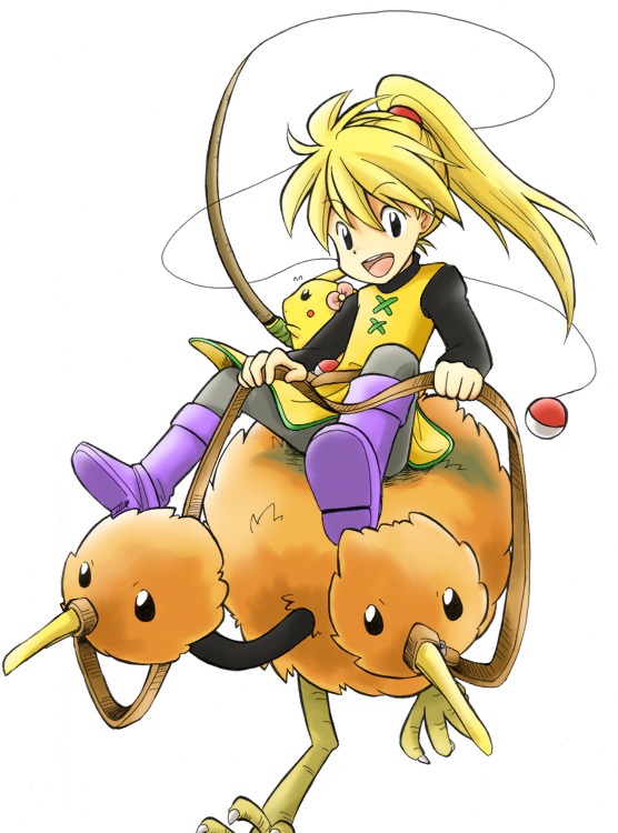 chuchu (pokemon), doduo, pikachu, yellow (pokemon), nintendo, pokemon, pokemon adventures, pokemon rgby, 1990s (style), 1girl, black eyes, blonde hair, boots, dress, fishing rod, gen 1 pokemon, holding, holding fishing rod, long hair, pantyhose, poke ball, poke ball (basic), pokemon (creature), ponytail, retro artstyle, riding, riding pokemon, sitting, tabard, turtleneck, waist poke ball