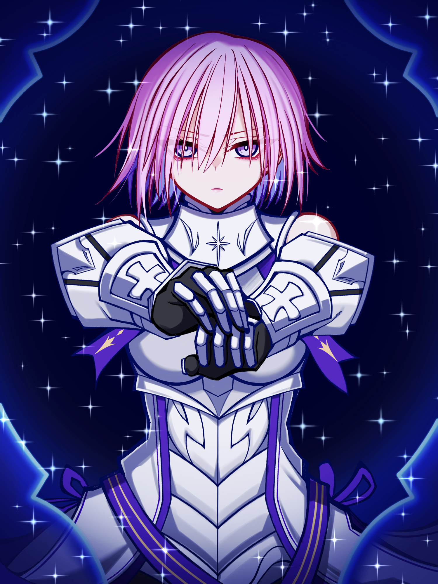 mcpc zamurai, mash kyrielight, mash kyrielight (paladin), fate/grand order, fate (series), commission, highres, skeb commission, 1girl, armor, bare shoulders, breasts, colored inner hair, detached sleeves, expressionless, large breasts, multicolored hair, pink hair, purple eyes, purple hair, short hair, solo, sparkle background, white armor