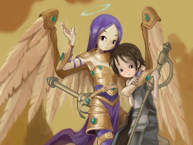 sixten, akroma, ixidor, magic: the gathering, self-upload, 1boy, 1girl, angel, armor, chibi, purple eyes, purple hair, sword, weapon, wings