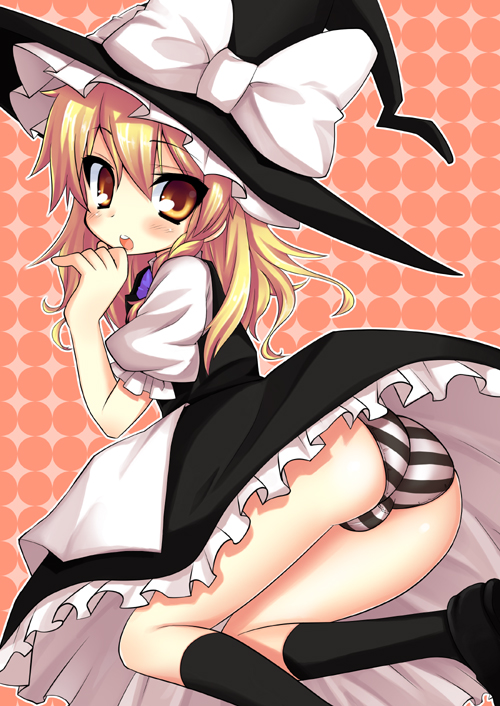 kou (garakuta teikoku), kirisame marisa, touhou, 1girl, ass, blonde hair, brown eyes, female focus, hat, long hair, panties, pantyshot, skirt, socks, solo, striped clothes, striped panties, underwear, upskirt, witch, witch hat
