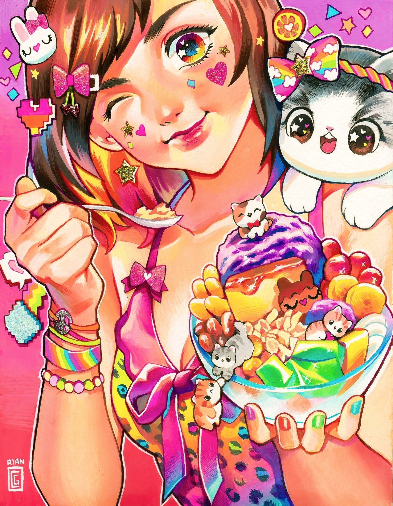 rian gonzales, original, commentary, english commentary, highres, traditional media, 1girl, artist name, bracelet, breasts, cat, cleavage, closed mouth, collarbone, food, hair ornament, holding, holding food, holding spoon, jewelry, looking at viewer, medium breasts, multicolored nails, nail polish, one eye closed, open mouth, peace symbol, pink background, pixelated, rabbit hair ornament, solo, spoon, star (symbol), upper body